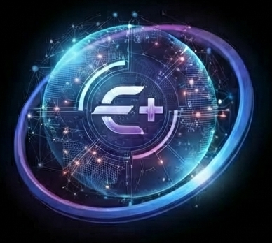 ERP PLUS emblem: a glowing network globe with an E+ mark inside an orbit ring